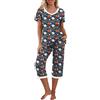 PrinStory Set pigiama da donna a maniche corte con maglietta e pantaloni capri, abbigliamento da casa con tasche, Fiori Foglia Blu, XXL
