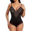 SHAPERIN Donna Body Modellante Pizzo Body Contenitivo Pancia Piatta Perizoma Shapewear Bodysuit Scollo a V, Nero, XL