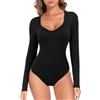 WOWENY Body da donna a maniche corte, a maniche lunghe, con scollo a V, sexy, da donna, sottile, elegante, Manica lunga nera, M