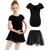 Eisnnu Vestiti da Balletto per Ragazze Body Danza Ginnastica Maniche Corte Bambina con Gonna Scintillante Chiffon Rimovibile 2-11 Anni (IT, Numero, 150, Regular, Nero)