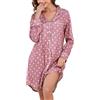 Vlazom Camicia da Notte Donna Invernale Camicie da Notte da Donna a Maniche Lunghe Aperta Davanti con Bottoni Scollo a V，Rosa a Pois，XXL