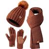 Generisch Cappello Invernale, Sciarpa & Guanti, Set Donna Foderato In Pile Maglia Pom-Pom Berretto Touch Screen Guanti Sciarpa 3 in 1 Set, marrone, Taglia unica