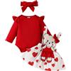 LUVCES Neonata Gonne Set Manica Lunga con Volant Pagliaccetto Top + Orso Cartone Animato Cuore Bretelle Abito Autunno San Valentino Abiti Completo Set Orso rosso cartoni animati 0-3 Mesi