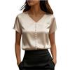 Generic Camicette in raso di seta per donne UK a maniche corte con scollo a V camicie eleganti casual tunica larga top con perline alla moda magliette comode per ufficio lavoro business camicette da sera per