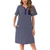 Lovasy Camicia da Notte Cotone Donna Estiva a Maniche Corte Vestito Pigiama Leggero con Bottoni a Righe Scollo a V Sexy Sottoveste Curvy Abito da Notte con Tasche D Blu Navy L