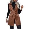 Generisch Gilet lungo da donna in ecopelle senza maniche anteriore aperto giacca in pelle PU con cintura senza maniche gilet in pelle sintetica risvolto cappotto da motociclista casual, marrone, XXL