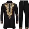 Generico Costume da Uomo Africano Vestito Musulmano Set da 2 Pezzi con Stampa Dorata Dashiki e Pantaloni Abito Tradizionale da Uomo Musulmano Thobe Sciolto Caftano Dubai Stile Rinascimento