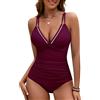 Vijamiy Costume Piscina Intero Donna Costumi da Bagno Contenitivo Push Up Scollo A V Mare Monokini Swimsuit for Women Beachwear con Due Spalline (Rosso Porpora,S)