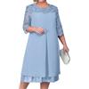 Goolecrimp Elegante Pizzo da Donna di Media Lunghezza Abito da Mamma da Sposa Ricamato Chiffon Patchwork Girocollo cinque Maniche Casual Plus Size Abiti (Azzurro,3XL)