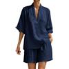 WZMYDBD Completo Donna Estivo Casual 2 Pezzi Estivo Maglia Donna Manica Corta Collo V E Pantaloncini Donna Baggy Abbigliamento Completo Lino Elegante da Spiaggia Lavoro Vacanza