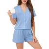 Wikoan Set Pigiama da Donna Pigiama Estivo con Scollo a V e Bottoni Top Cardigan e Pantaloncini,Azzurro,M