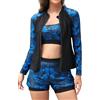 SHEKINI Costume da bagno da donna con cerniera a 3 pezzi Rash Guard con canotta bikini top per vita alta, Foglie blu su nero, XXL