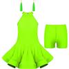 Oyolan Bambina Ragazza Abito da Ballo Latino Set da Ballo Salsa Rumba Cha Cha Abito + Pantaloncini + Orecchini per Spettacolo Competizione Abbigliamento da Ballo 5-14 Anni, verde fluo, 5-6 Anni