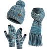 Visioelo Set da donna con cappello, sciarpa e guanti, foderati in pile, guanti touch-screen, sciarpa con nappa, set di tre, Blu, Etichettalia unica