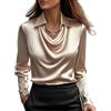 SHINROAD Camicia casual da donna, vestibilità larga, colletto in raso, camicetta a pelo lungo con leggera, per abbigliamento quotidiano, stile a pendolo versatile, tessuto morbido unico, cachi, m
