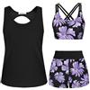 JASAMBAC Costume da bagno tankini da donna in 3 pezzi, costume da bagno canotta con top bikini, pantaloncini per ragazzi, Fiori viola, L