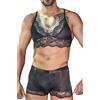 Adigau Crossdresser Set di Lingerie Sexy in Pizzo Trasparente Reggiseno e Boxer Mutande Intimo Coordinati da Uomo Nero