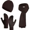 Droombouw Inverno 3 Pezzi Cappello di Lana Sciarpa Guanti Uomo Beanie Berretto in Maglia con Sciarpa Touchscreen Set Caffè
