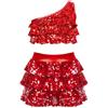 LiiYii Vestito da Ballo Latino Americano Bambina con Paillettes 2 Pezzi Crop Top Una Spalla con Gonna di Danza Classica Abito da Pattinaggio Artistico Dancewear Rosso 13-14 Anni
