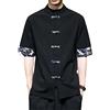Aoleaky Camicia Kimono Casual retrò Giapponese Camicia Uomo Stampa Cinese in Cotone e Lino con Cuciture a Maniche Corte Streetwear da Uomo Estivo Black L