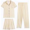 Generic Pigiama in Cotone per Donne, Set di 3 Pezzi in Cotone con Camicia a Maniche Corte con Stampa Carina e Pantaloni Lunghi con Tasche da Notte, Pigiama da Donna con Bottoni, Set di Pjs con Tasche