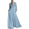 Generic Vestito Lungo Elegante in Lino e Cotone per Donna, con Patchwork, Camicia a Maniche Lunghe, Colletto Stretto, con Tasche, Abito da Sole a Colore Solido, Elegante Vestito Estivo da Spiaggia e da