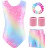 TOSZOLY Body Ginnastica Artistica Bambina, Set 5 Pezzi con Body Senza Maniche, Pantaloncini, Fascia Capelli, Polsini, Completo per Ginnastica, Danza e Spettacoli, 4-9 Anni
