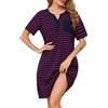 Lovasy Camicia da Notte Cotone Donna Estiva a Maniche Corte Vestito Pigiama Leggero con Bottoni a Righe Scollo a V Sexy Sottoveste Curvy Abito da Notte con Tasche D-Blu Navy/Rosso L