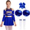 inhzoy Costume Cheer-Leader Bambina con Pon Pon Pompon Vestito Cheerleading Maniche Lunghe Uniforme da Cheer-Leader Costume Carnevale Halloween Compleanno Performance A Blu 5-6 anni
