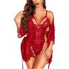 RSLOVE Camicia da notte da donna sexy Lingerie - Abbigliamento da notte in pizzo Insieme body floreale e vestaglia, rosso vibo, S