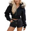 Duohropke Cropped - Felpa con cappuccio da donna con cappuccio Y2k, caldo cappotto invernale, con colletto in pelliccia sintetica streetwear, invernale, caldo pile, Nero , S