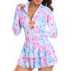 SimidunEUR Donna - Costume da Bagno Intero Costume Intero Costumi da Mare Beachwear Rashguard - Zip Anteriore Maniche Lunghe Mush Cut con Pantaloncini incorporati e Gonna