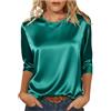 Generic Top con maniche a 3/4 da donna UK raso girocollo camicette da donna in seta casual eleganti camicie lucide lisce t-shirt basic autunno inverno tinta unita tunica top ufficio lavoro pullover, Verde
