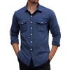 Generic Camicia da uomo a maniche lunghe, senza stiratura, elasticizzata, per il tempo libero, con bottoni, in cotone, a doppia tasca, con colletto a risvolto, in tinta unita, in lino, leggera, Blu marino