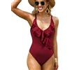 JFAN Costume da Bagno Intero Donna con Scollo A V Volant Stampa A Foglie Costumi da Mare Controllo della Pancia Un Pezzo Vino Rosso X-Large