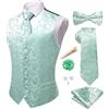 Hi-Tie Gilet da uomo formale in velluto Paisley tinta unita gilet cravatta papillon fazzoletto gemelli risvolto pin set smoking business, Verde menta, M