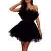 BOTCAM Abito da donna con maniche a sbuffo in tulle, con spalle scoperte, a maniche lunghe, estive, in rete, per feste, balli, mini fate, in tulle, da donna, corto, senza spalline, in rete, Nero , L