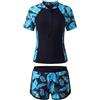 Keyck Costume da Bagno Ragazze 2 Pezzi a Manica Corta Rash Guard 5-14 Anni | con Zip e Pantaloncini Morbidi, Stampa Floreale, Protezione Solare, Asciugatura Rapida Costume Piscina Spiaggia Nuoto Bambini