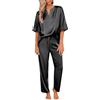 Ekouaer Pigiama Donna Estivo Pigiami Due Pezzi Pantaloni in Raso Corta Pigiami Morbido e Leggero Pantaloni Set Pigiama da Notte Estivo Lungo,Noir,XXL