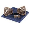 Cyriacus Set di Papillon in Legno, contiene Papillon e Gemelli, Sciarpa Quadrata (3 PCS), Design unico traforato, Adatto per l'uso in più scene