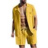 Bauzuoyo Pigiama estivo in lino, 2 pezzi, da uomo, casual, con pantaloncini e t-shirt, set elegante, per il tempo libero, in tinta unita, leggero, a maniche corte, con bottoni e risvolto, giallo., XL