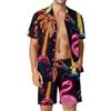 Generic Completo hawaiano da uomo in 2 pezzi, camicia con bottoni e pantaloncini, per feste estive in spiaggia e vacanze, Fenicottero rosa-2, S