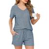 Lovasy Pigiama Donna Estivo in Maglia a Coste Pigiama Set Corto Scollo a V e Maniche Corte 2 Pezzi Pigiama da Casa Leggero Sleepwear Pigiama