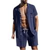 Bauzuoyo Pigiama estivo in lino, 2 pezzi, da uomo, casual, con pantaloncini e t-shirt, set elegante, per il tempo libero, in tinta unita, leggero, a maniche corte, con bottoni e risvolto, Blu marino