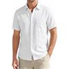 HISDERN Camicia Lino Uomo Maniche Corte Abbottonata Misto Lino Cotone vestibilità Regular Camicia Estiva da Spiaggia Casual con Taschino Bianco XL