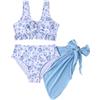 LYZOURBB Set di 3 bikini da bambina, motivo floreale, con volant, top e pantaloni con fiocco, costume da bagno per 7-13 anni, Blu, 8-9 Anni