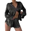 Famulily - Set di pigiami da donna in raso, a maniche lunghe, con camicia e pantaloncini, set da salotto, con bottoni, per il sonno, Nero , M