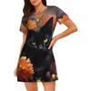 Bryptxztxt Camicia da notte da donna a maniche corte con stampa 3D con gatto nero e fiore, morbida e comoda, abbigliamento da notte casual, traspirante e leggero, camicia da notte estiva, 3D, L