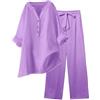 Generico Tuta Lino Donna Estiva Elegante Coordinato Larghi Camicia + Pantaloni Leggera Cotone E Lino Estivo Tute Da Ginnastica Primavera Curvy Set Due Pezzi Maniche 3/4 Jogging Traspirante Set Spiaggia