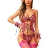 RSLOVE Babydoll - Set lingerie sexy da donna, in pizzo, 4 pezzi, con giarrettiera, biancheria da notte, multicolore a forma di cuore, rosa rosso, L